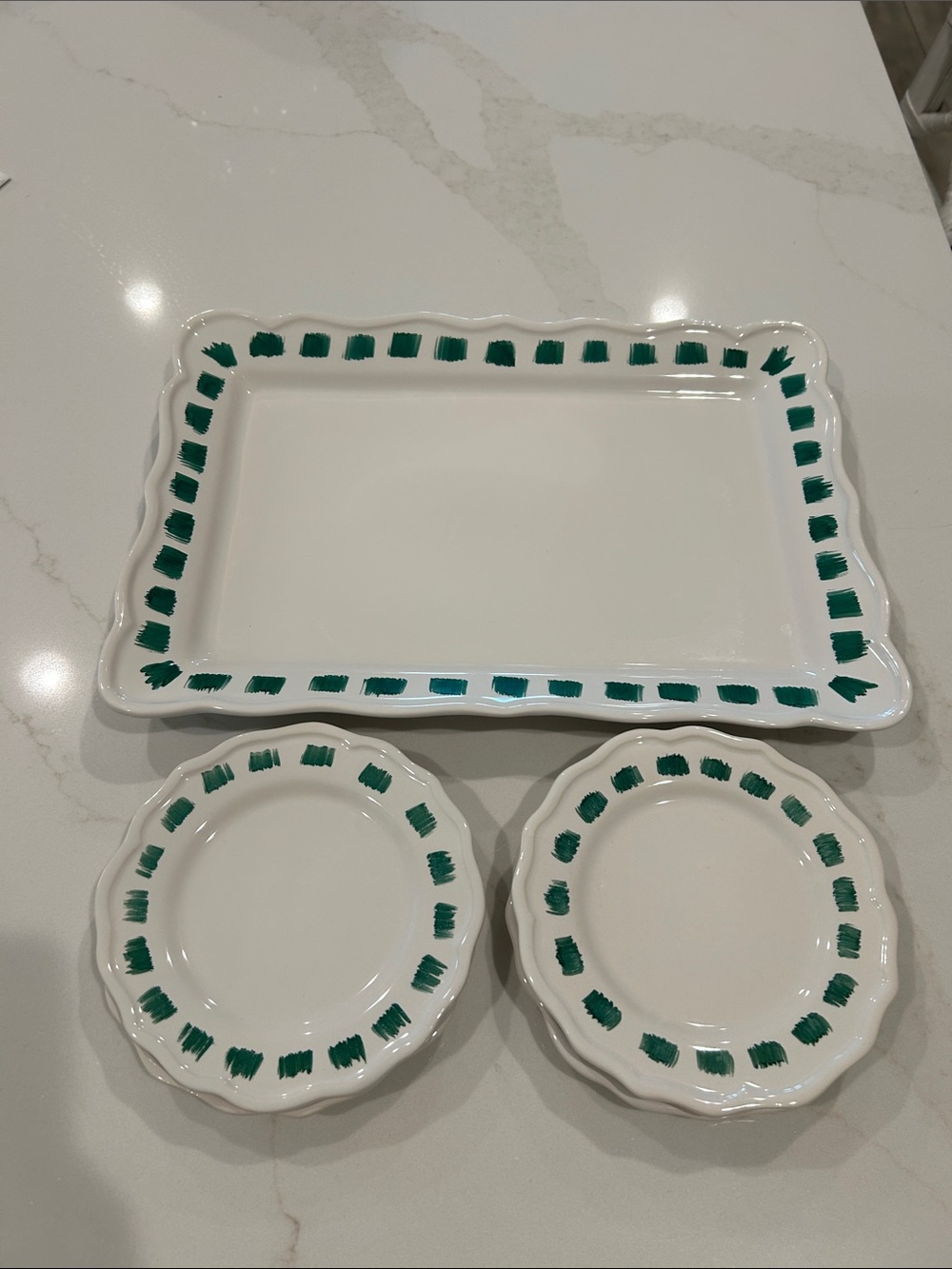 Viva by Vietri Lisbon green stitch platter and 4 cocktail plates